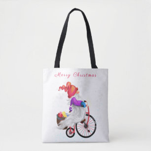 Tote Bag Joyeux Noël - Gnome drôle avec vélo et cadeaux