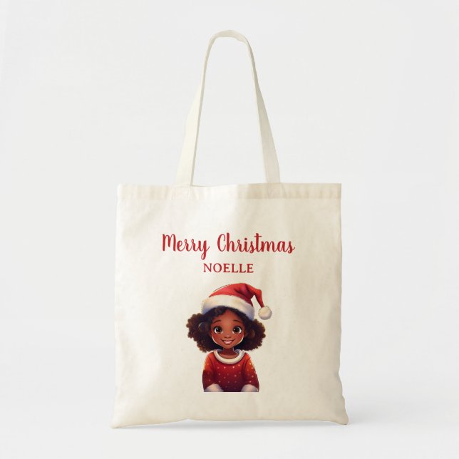 Tote Bag Joyeux Noël! Petite fille noire Santa Hat (Devant)