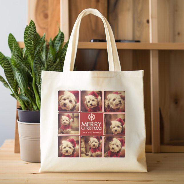 Tote Bag Joyeux Noël Photo Collage Rouge Blanc (Personalized tote bag with photos and custom text)