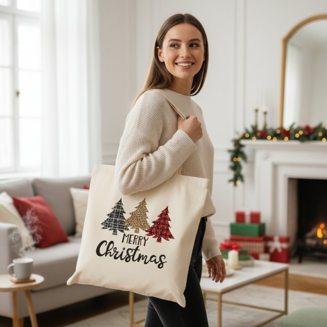 Tote Bag Joyeux Noël Plaid Arbres de Noël (Créateur téléchargé)