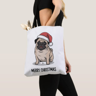 Tote Bag Joyeux Noël Pug Chien Chapeau de Père Noël Saison 