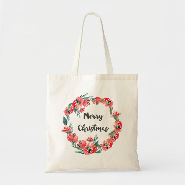Tote Bag Joyeux Noël Rouge Floral Aquarelle Wreath (Devant)