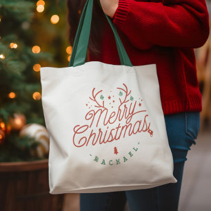 Tote Bag Joyeux Noël Rouge Vert renne personnalisé