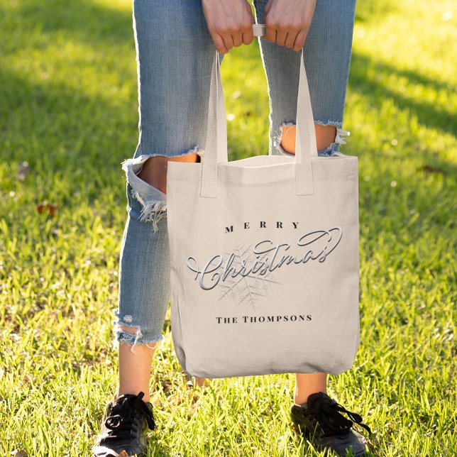 Tote Bag Joyeux Noël Simple Calligraphie Cute Flocon de nei (Merry Christmas silver snowflake calligraphy script tote bag
)