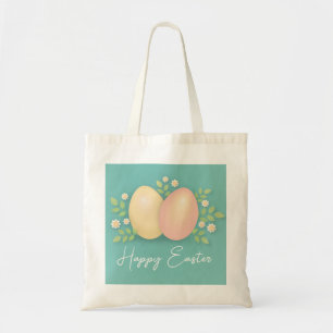 Tote Bag Joyeux oeufs de Pâques et fleurs bleu doux