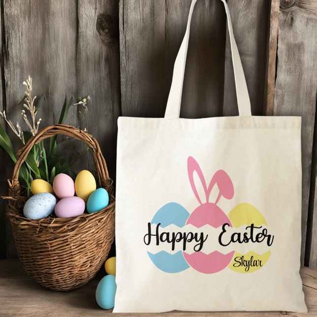 Tote Bag Joyeux Oeufs Pastel de Pâques et Oreilles de lapin (Happy Easter Pastel Eggs and Bunny Ears Custom Tote Bag)