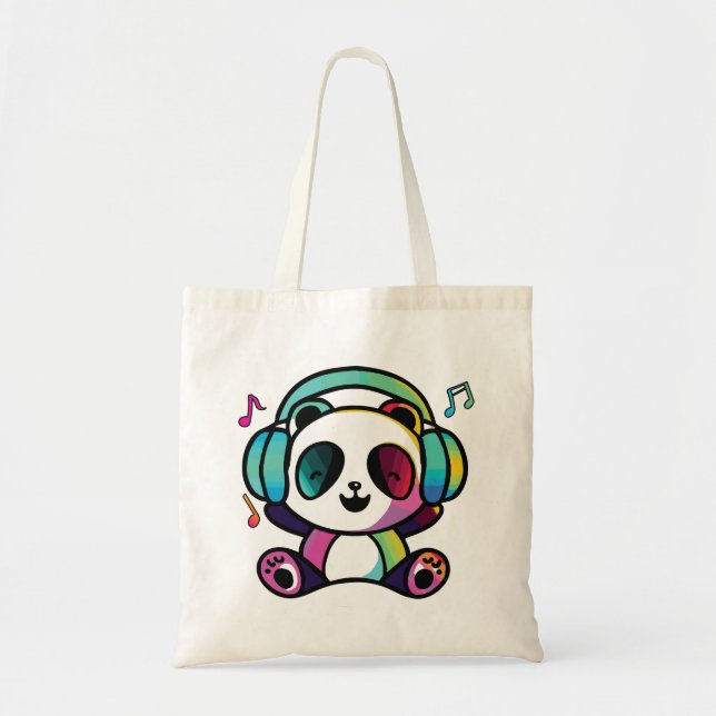 Tote Bag Joyeux Panda avec écouteurs écoutant de la musique (Devant)