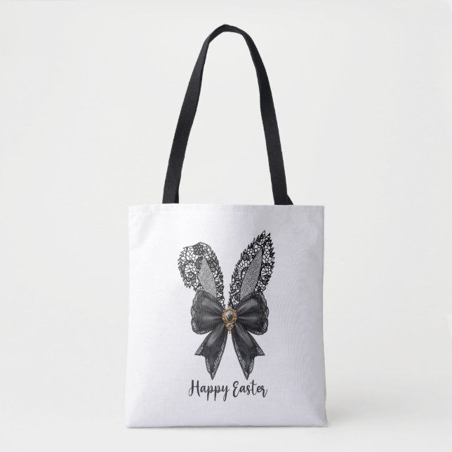 Tote Bag Joyeux Pâques noir dentelle lapin dentelle oreille (Devant)