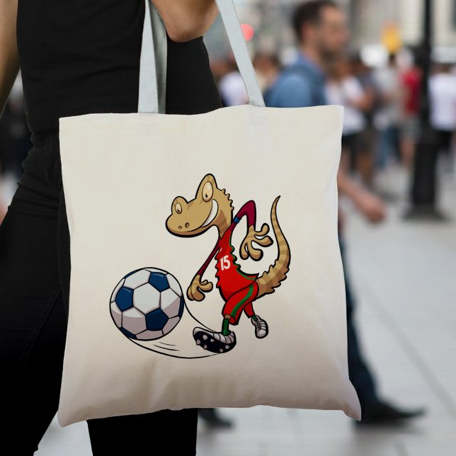 Tote Bag Joyeux Soccer Star Gecko Kicking Football Cartoon (Créateur téléchargé)