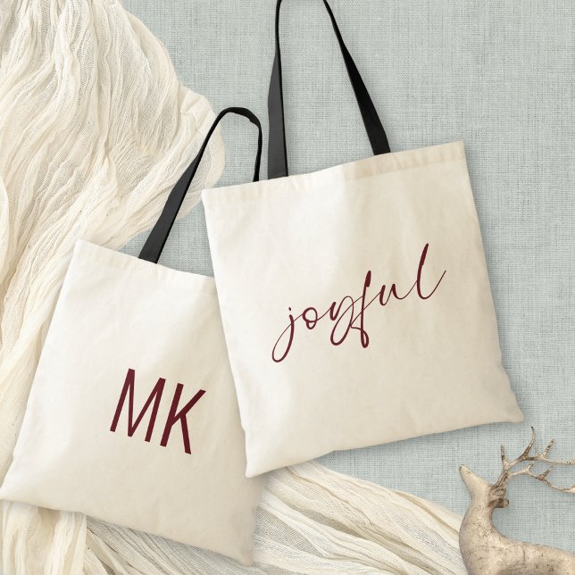 Tote Bag Joyful Burgundy Calligraphie Monogramme Initiales (Front and back view)