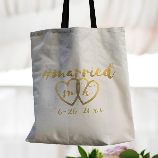 Tote Bag Juste marié Gold Heart Mariage (Add the married couple's initials to the gold hearts and your wedding date too)