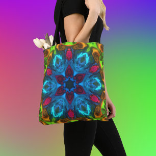 Tote Bag Kaleidoscope psychédélique bleu rose et vert