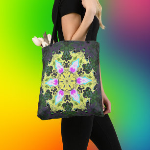 Tote Bag Kaleidoscope psychédélique Fleur Jaune et rose