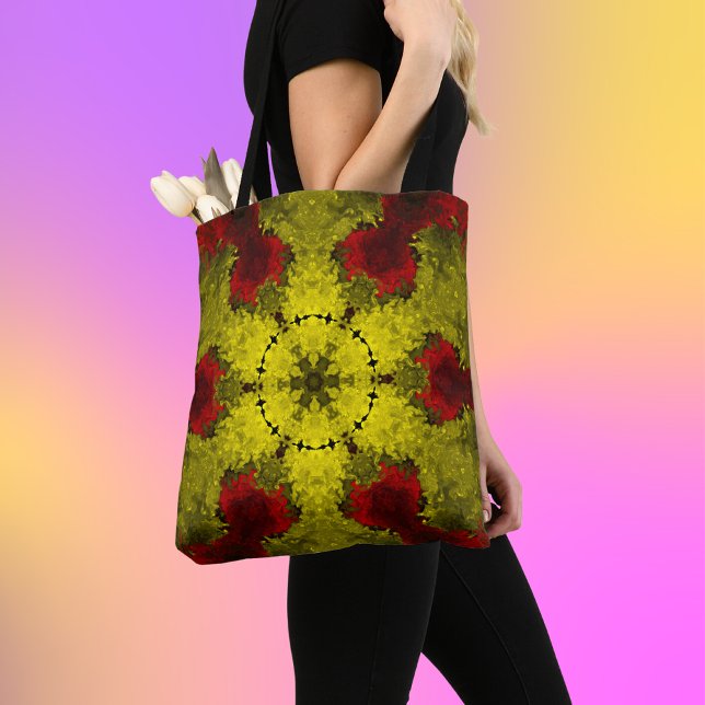 Tote Bag Kaleidoscope psychédélique Fleur rouge et jaune (Créateur téléchargé)