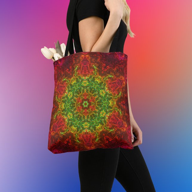 Tote Bag Kaleidoscope psychédélique Fleur vert et rouge (Créateur téléchargé)