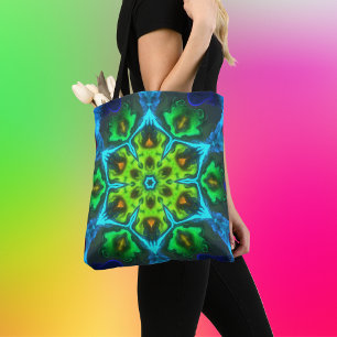 Tote Bag Kaleidoscope psychédélique vert bleu et orange