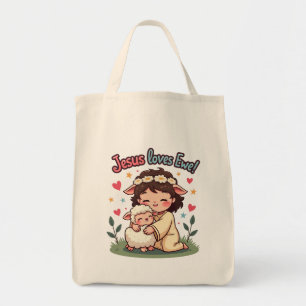 Tote Bag Kawaii Christian "Jesus aime Ewe" Pastel Design