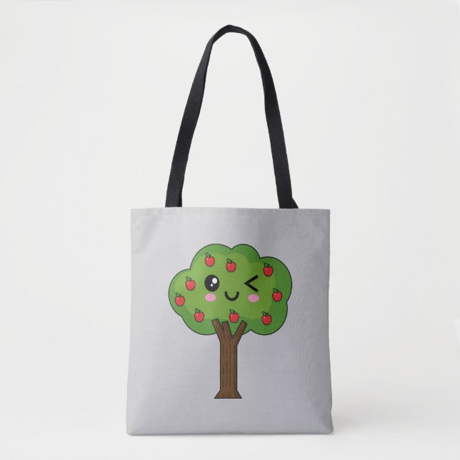 Tote Bag Kawaii Joyeux Pommier À Voie (Devant)