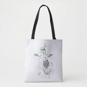 Tote Bag Keeshond Noël Snowman Peinture Chien Art