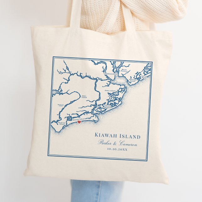 Tote Bag Kiawah Island SC Marine Blue Wedding Favoriser Bie (Elegant Kiawah Island SC Wedding Tote bag navy blue. Welcome bag wedding favor Coastal Map Designs)