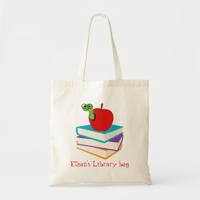 Tote Bag Kid's name cute bookworm library bag (Devant)