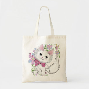 Tote Bag Kitten Adorable Avec Papillon & Fleurs