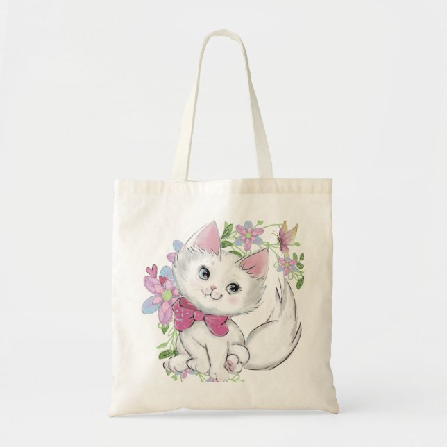 Tote Bag Kitten Adorable Avec Papillon & Fleurs (Devant)