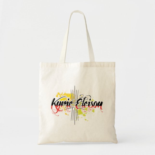 Tote Bag Kyrie Eleison Stylisée Phrase Religieuse avec Croi (Devant)