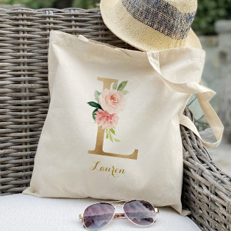 Tote Bag L en lettre dorée et fleurs roses personnalisées