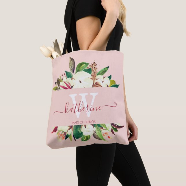 Tote Bag La femme d'honneur florale monogramme (De près)