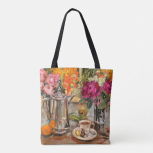 Tote Bag La vie d'Anne avec son théière et ses fleurs