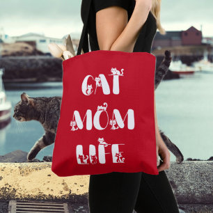 Tote Bag La vie de maman de chat moderne rouge pour la fête