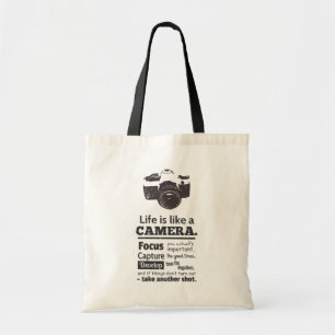 Tote Bag La vie est comme un appareil photo, citation, Blac