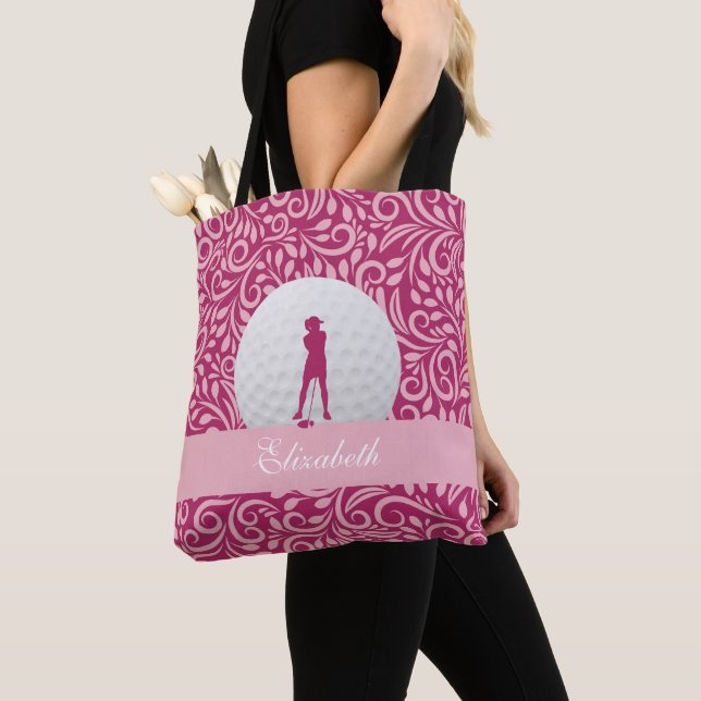 Tote Bag Lady Golfer Silhouette Nom personnalisé Motif rose (De près)