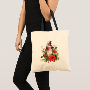 Tote Bag Lanterne rouge de Noël Poinsettia et pin