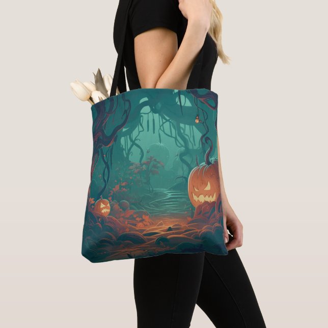 Tote Bag Lanternes Jack-O' déplaisantes dans la forêt Hallo (De près)