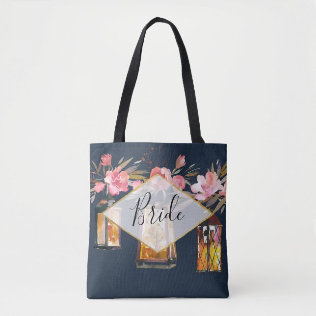 Tote Bag Lanternes rustiques Marine Blue Coral Bride Mariag (Devant)
