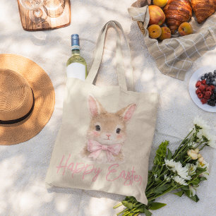Tote Bag Lapin à l'aquarelle avec noeud rose Lapin de Pâq
