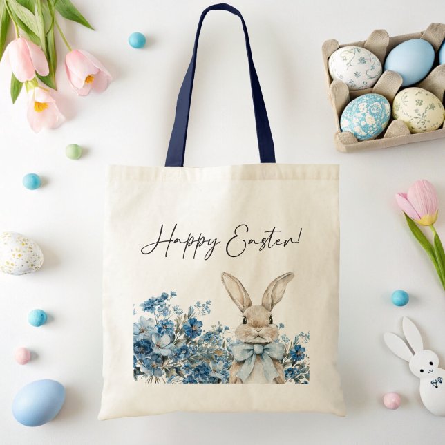 Tote Bag Lapin de Pâques Bleu (Blue Floral Easter Bunny Tote Bag)