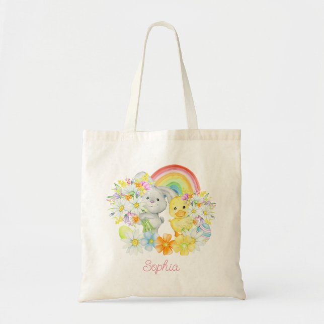 Tote Bag Lapin de Pâques en arc-en-ciel et poussin (Devant)