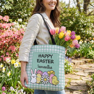 Tote Bag Lapin de Pâques personnalisé en vichy vert