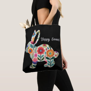 Tote Bag Lapin de Pâques Silhouette fleurie sur fond noir