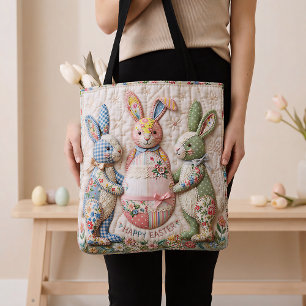 Tote Bag Lapin de Pâques vintage imprimé faux patchwork