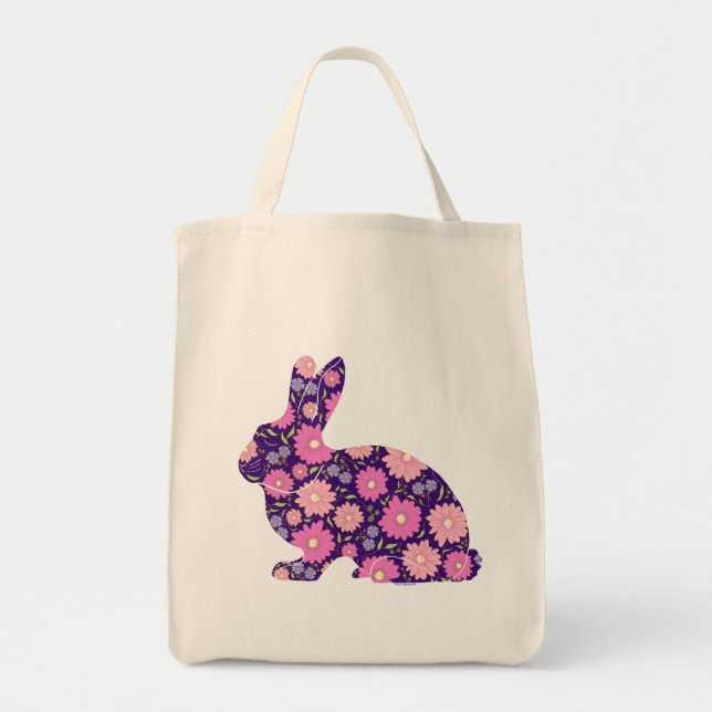 Tote Bag lapin et fleurs de lapin rose rétro (Devant)