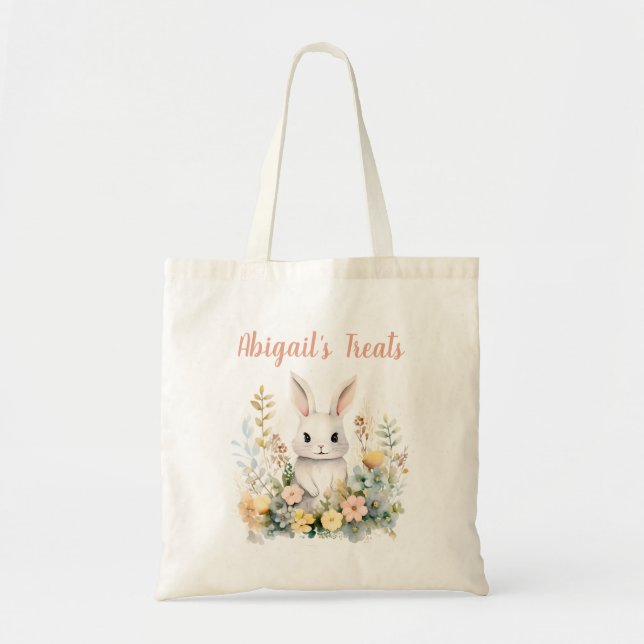 Tote Bag Lapin Lapin Fleur sauvage Rose Personnalisé (Devant)