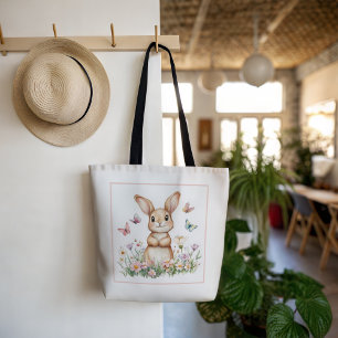 Tote Bag Lapin mignon avec papillons et fleurs de printemps
