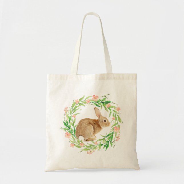Tote Bag Lapin mignon en Aquarelle Florale Wreath (Devant)