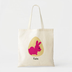 Tote Bag Lapin rose et Oeuf de Pâques Nom personnalisé