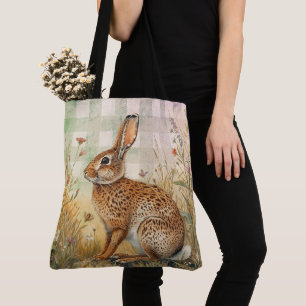 Tote Bag Lapin Vintage, Fleurs Jardin, Art à Carreaux
