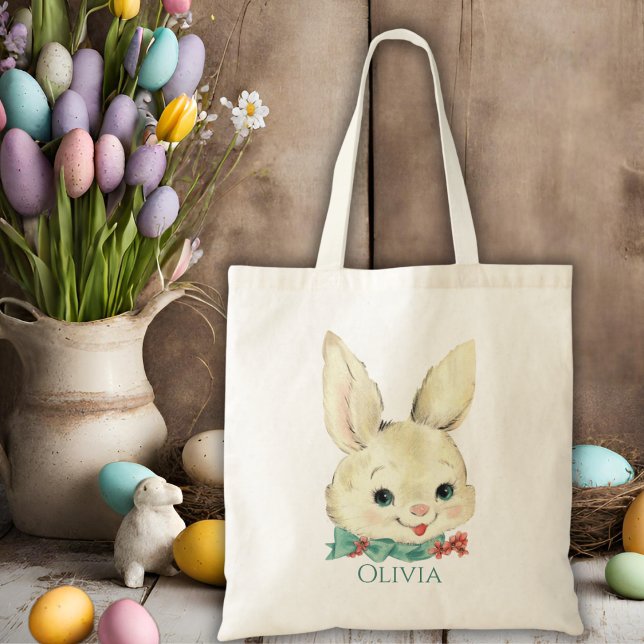 Tote Bag Lapin vintage Personnalisé Pâques (Vintage Bunny Personalized Easter Tote Bag)